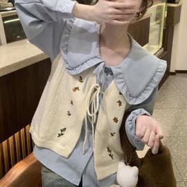 刺绣V领系带针织马甲女2024秋季新款学院风甜美毛衣马夹女