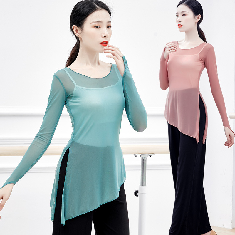 Dance clothing for women, classical square, modern yoga body practice clothes, tops with slits, finger mesh blouses for adults