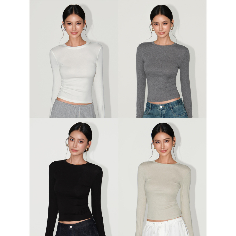 White Round Neck Long-Sleeved T-Shirt for Women, Slim Fit Inner Layer, Slimming Look Bottoming Shirt Top