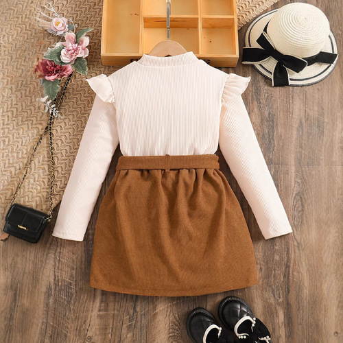 TEMU Spring and Autumn Children's Clothing: Small Flare Sleeve High-Neck Ribbed Long-Sleeved Top + Corduroy Skirt Girls' Suit