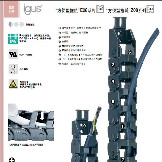 德国IGUS方便型拖链E08-Z08系列-节距小，轻松压入管线