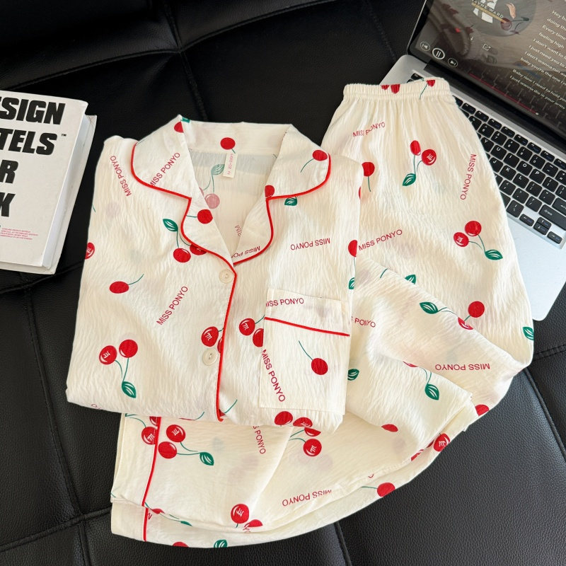Al por mayor transfronterizo 2026 nuevo pijama de mujer nubes de algodón pantalones de manga larga cardigan con solapa de dibujos animados ropa para el hogar se puede usar fuera