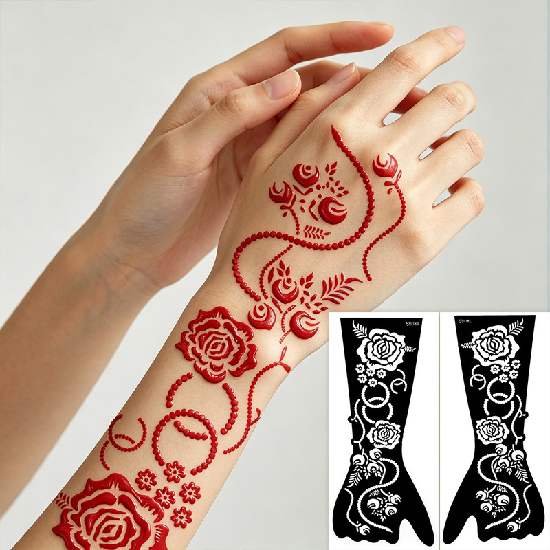 Cross-Border Rose Henna Hand-Painted Template Bride Wedding Temporary Body Painting Glitter Spray Cut Out Tattoo Sticker