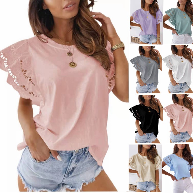 summer solid color lace short sleeve T-shirt with a round collar