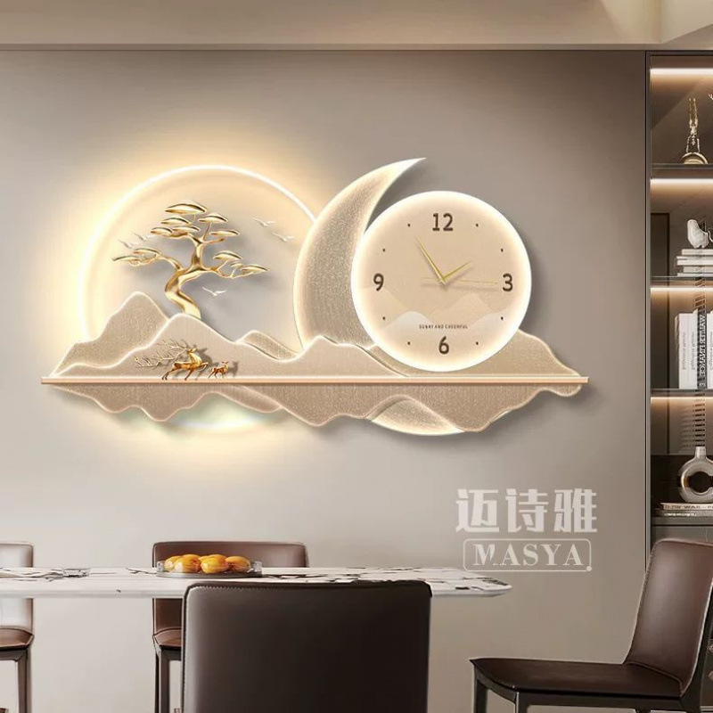 2025 nuevo estilo de pintura de decoración del restaurante reloj de lujo moderno reloj de pared de fondo de la sala de estar reloj creativo lámpara de pared pintura