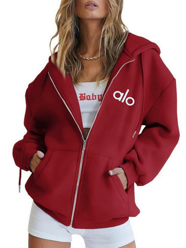 Alo Ladies Personality Printed Zip-Up Hooded Sweatshirt Loose Casual Long-Sleeve Hooded Sweatshirt Personality Sports Top