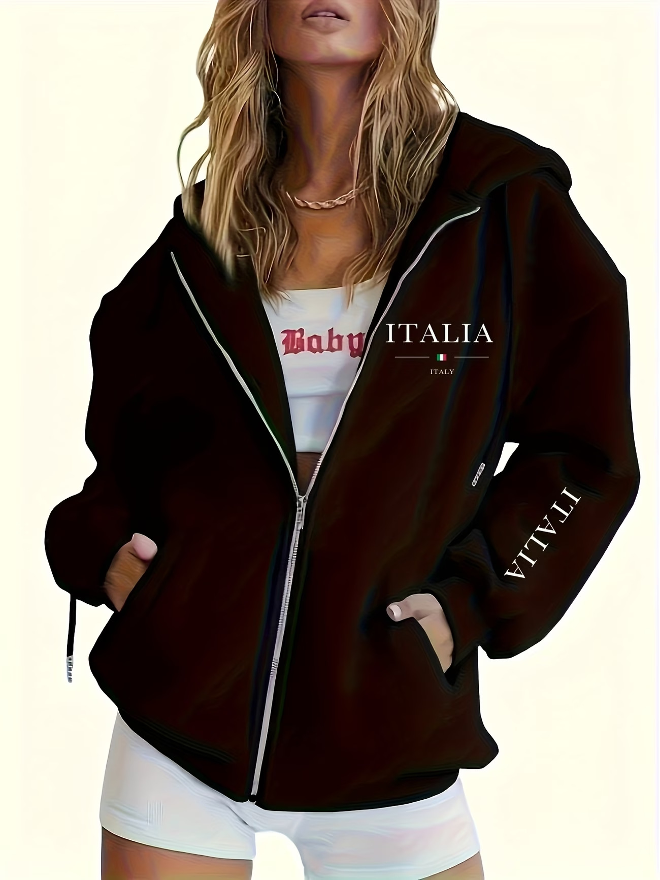 Women's Clothing Casual Long Sleeved Hooded Cardigan Jacket Zip Up Loose Fashion Letter Print Sweatshirt_ecoleips.com