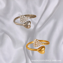 18k金不锈钢戒指女ins冷淡网红风不对称爱心形水钻开口钛钢戒指ai