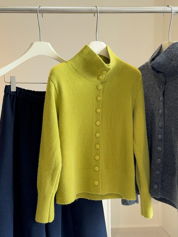 Women's Stand Collar Buttoned Sweater Cardigan Coat 2025 Autumn Winter Thickened Single-Breasted Long-Sleeve Loose Knit Top