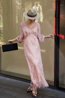 26春夏新款优雅甜美真丝乔其印花V领灯笼袖连衣裙11