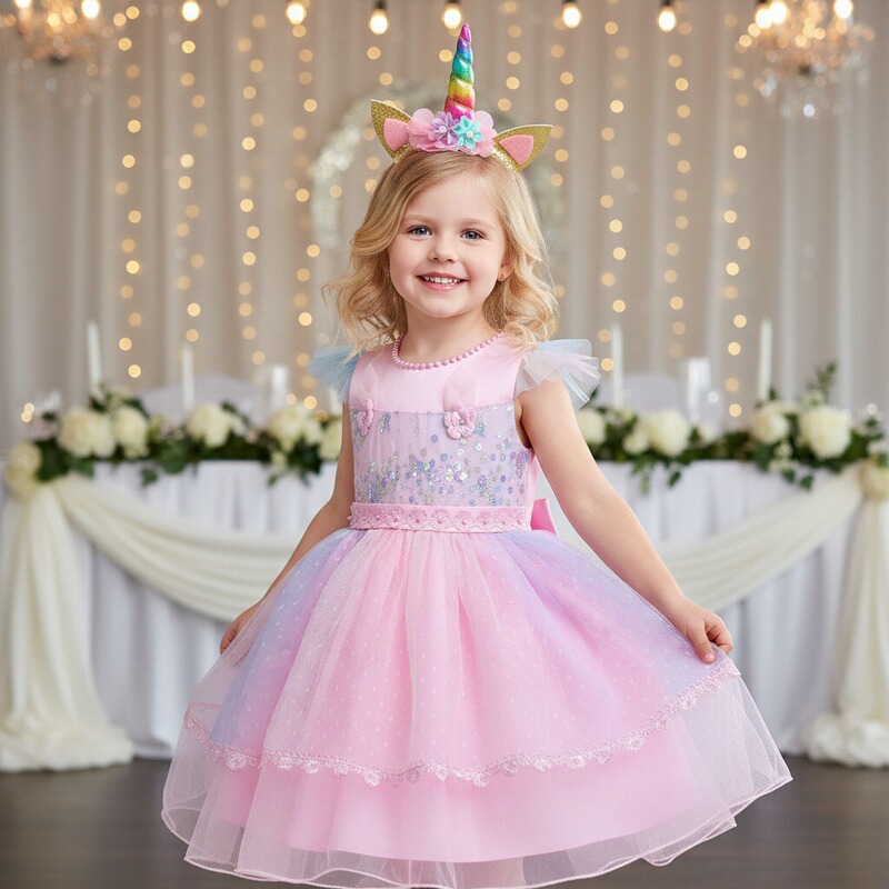 European and American Style Baby Girl Full Moon Christening Dress Infant Dress Birthday Party One-Year-Old Dress + Unicorn Headband