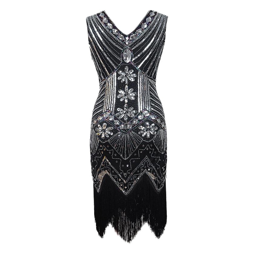 1920 retro estilo lentejuelas con cuentas vestido delantero y trasero V-cuello moda borla vestido AliExpress Amazon Venta caliente