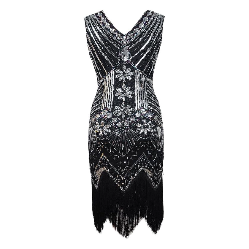 1920 Ретро блестящее платье с бисером спереди и сзади V-образным вырезом модное платье с кисточками AliExpress Amazon взрывы