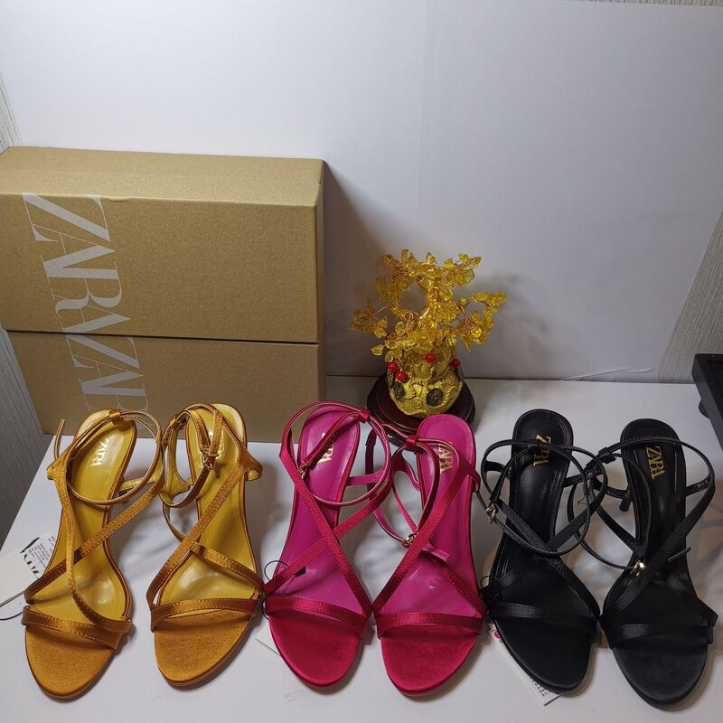 ZA2025 summer new fashion new solid color satin open toe back empty metal belt buckle high heel sandals