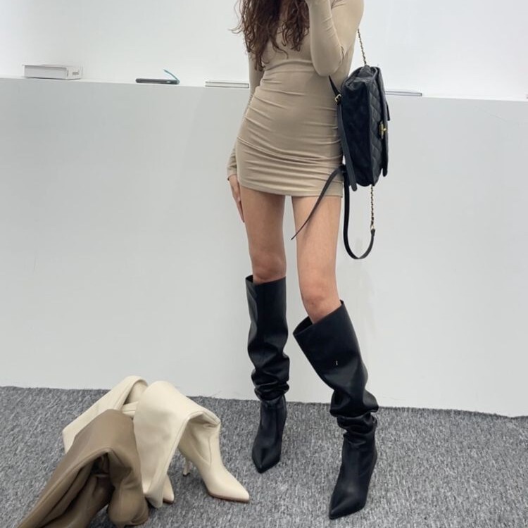 In Stock~Hot Girl Wide-Leg Boots 25 New Large-Leg Women's Boots Pointed Toe Stiletto Slimming Look Pile Boots Over-The-Knee Boots In Stock~Hot Girl Wide-Leg Boots 25 New Large-Leg Women's Boots Pointed Toe Stiletto Slimming Look Pile Boots Over-The-Knee Boots