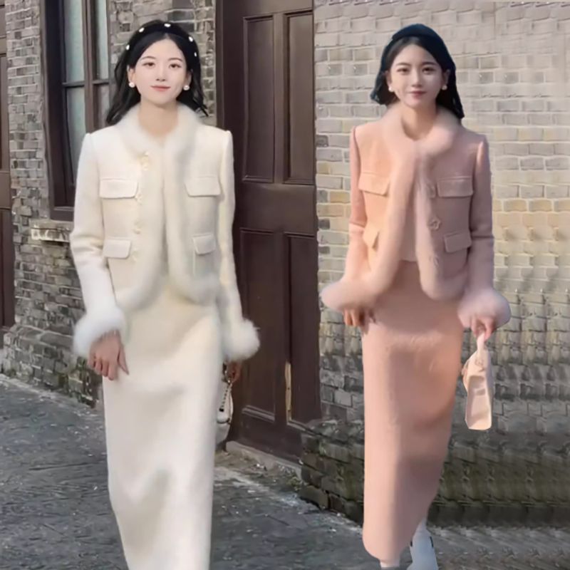 冬季小香风流行穿搭加棉加厚时尚套装裙女洋气兔毛百搭显瘦两件套