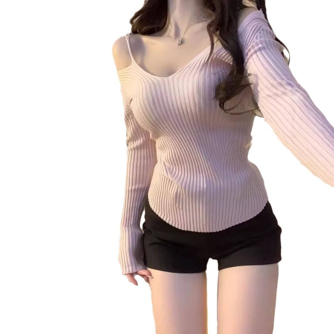 순수한 욕망 스타일 핑크 빈 오프 숄더 긴팔 스웨터 여성의 가을과 겨울 V-NECK 슬림 핏 슬리밍 내베이스 탑 트렌디