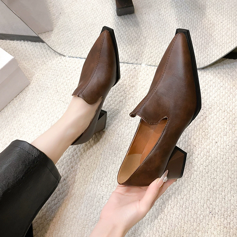 2025 новая мягкая кожа черный новый женский ретро высокие каблуки удобные кожаные туфли на высоком каблуке толстые туфли на каблуке