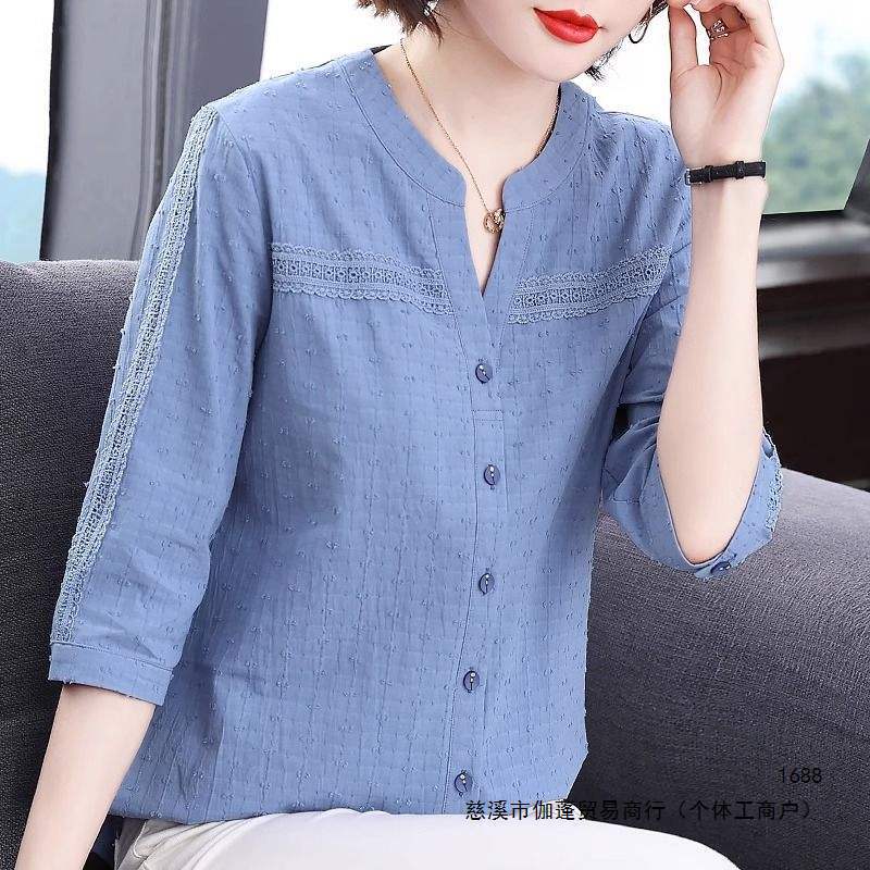 Pure cotton lace trim women's shirt 2026 spring and autumn new style three-quarter sleeve top plus size women's mid-sleeve blouse