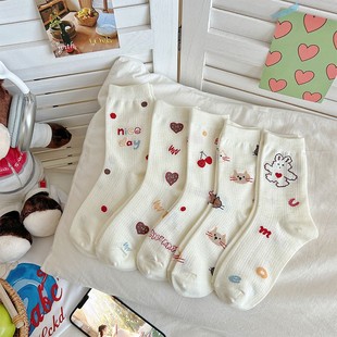 Cute Girls Cherry Socks Women's Spring New Mesh Breathable Letter Sports Socks Japanese Style Sweet Polka Dot Stockings