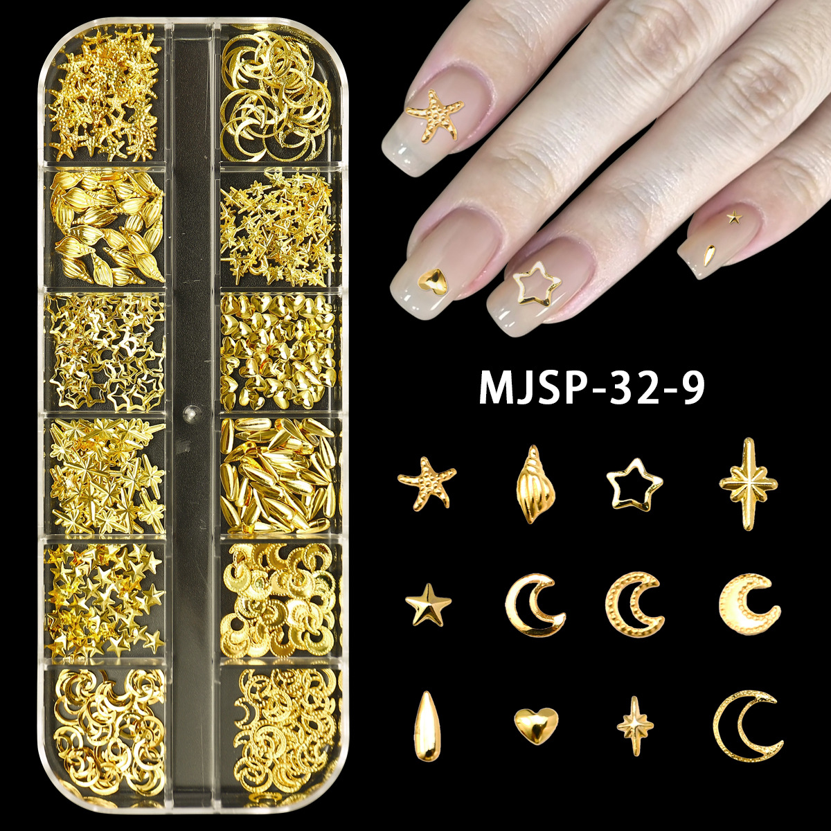 Accesorios de uñas 12 rejilla caja grande remache de uñas material de metal lentejuelas mezclar y combinar DIY especial en forma de parche de uñas Decoración