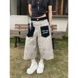 外贸跨境原创美式复古豹纹牛仔裤女秋季口袋设计高街垂感直筒长裤