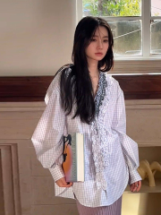 慵懒风韩系撞色格纹v领长袖衬衫女春秋设计感边复古气质上衣2025