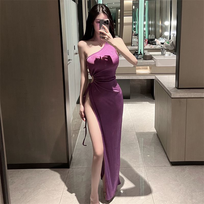 性感辣妹斜肩无袖修身收腰气质优雅镂空高开叉礼服长款连衣裙女夏-阿里巴巴