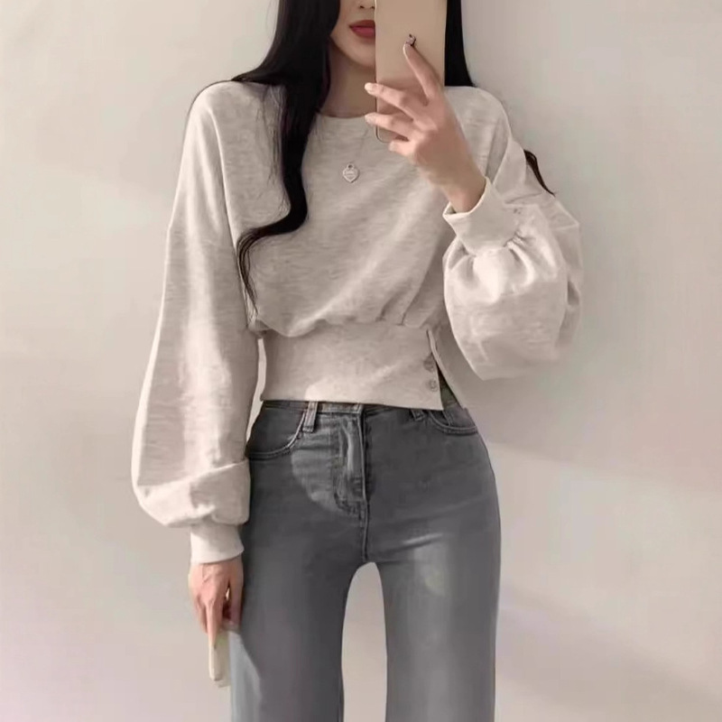 South Korea Chic Autumn Niche Design Crewneck Buckle Waist Slimming Long Sleeve Short Pullover Sweater Top for Women South Korea Chic Autumn Niche Design Crewneck Buckle Waist Slimming Long Sleeve Short Pullover Sweater Top for Women