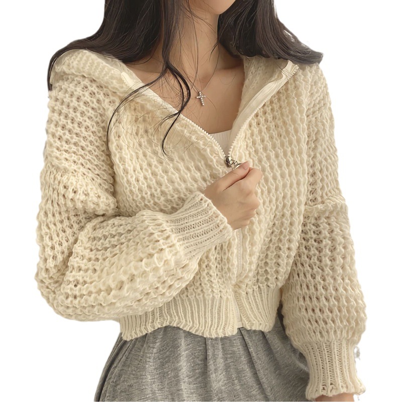 Abrigo corto con capucha 2023 Otoño e Invierno Nuevo estilo perezoso diseño de las mujeres aguja gruesa solapa suéter Suelto