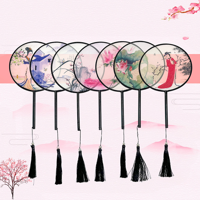 新款木柄流苏中精包宫扇古风绢布团扇 双面舞蹈古装扇系列批发