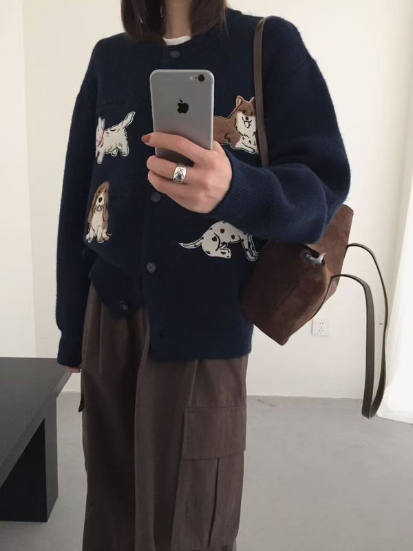 重工卡通小狗贴布刺绣针织毛衣女2025秋冬新款韩系休闲针织开衫厚|undefined