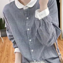 小格子长袖衬衫女2025春装新款宽松拼色减龄上衣复古显瘦衬衣潮