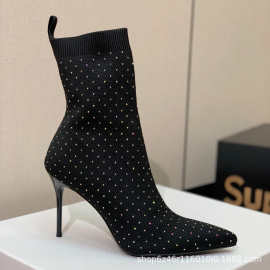 华丽贵气尖头高级感水钻黑色弹力瘦瘦靴百搭气质短靴女细超高跟鞋