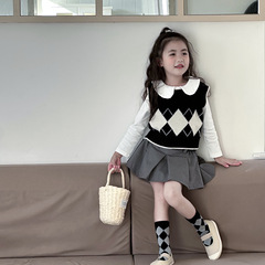 Yuyu Princess Children's Spring Korean Style Gingham Knit Vest Girls Baby Short Sleeve Loose Wool Cardigan
