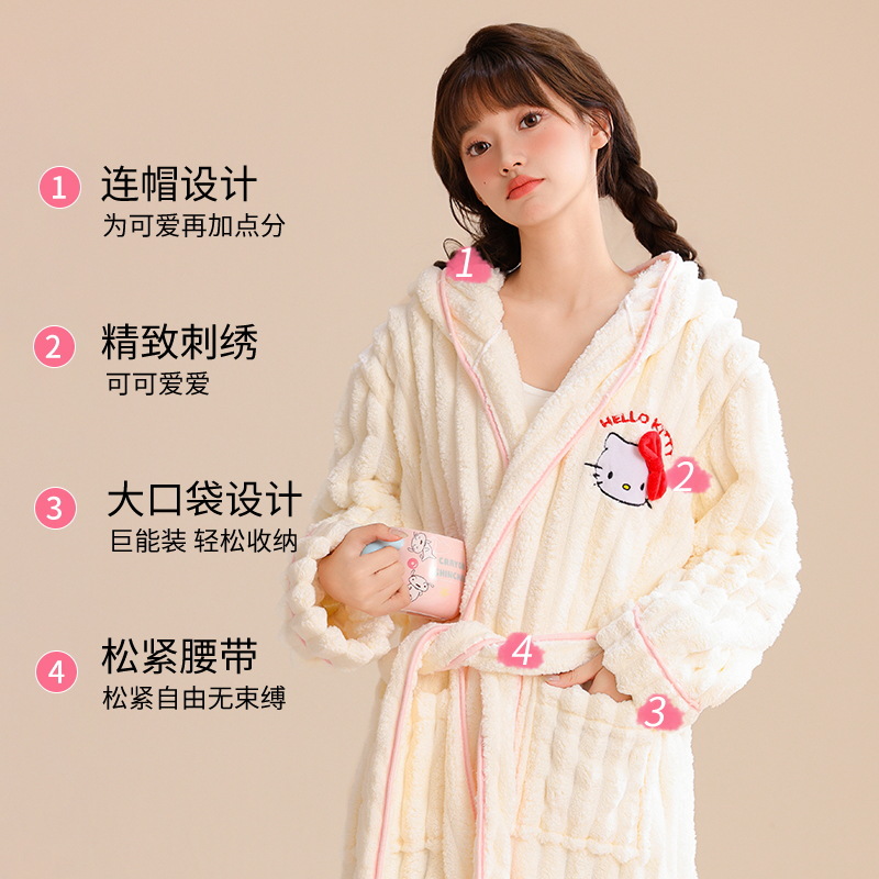 헬로 키티 목욕 가운 산호 양털 귀여운 잠옷 가을과 겨울 두껍게 긴 빠른 건조 여성용 홈 옷
