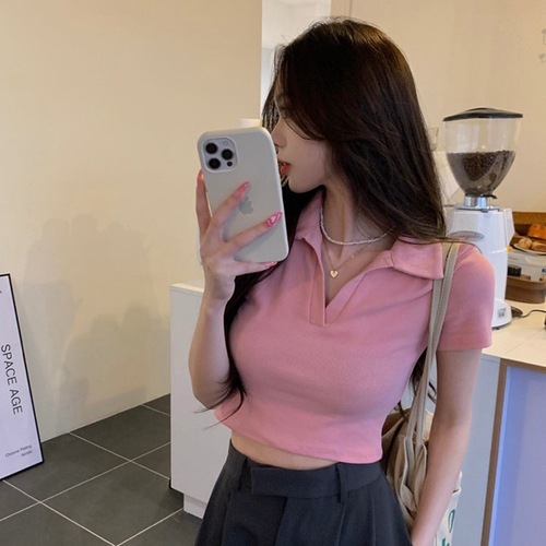 Pure Desire Sweet & Spicy Short Design Student Ribbed Top 2025 Summer Fitted Polo Short-Sleeve T-Shirt for Women Trendy