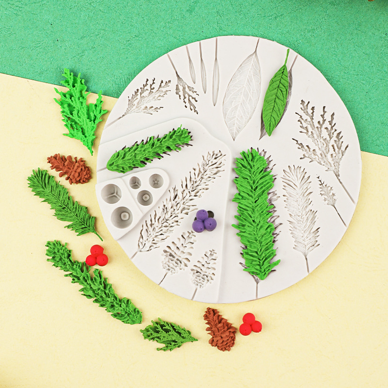 Navidad DIY hojas guirnalda cono de pino guirnalda arcilla fondant cake Edge molde chocolate decorativo Silicona