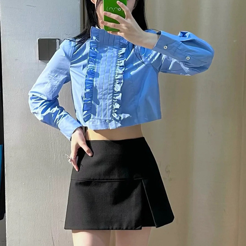 [in Stock] Layered Versatile Solid Color T-Shirt Fashionable Short Long-Sleeve Ruffle Shirt Aw51505