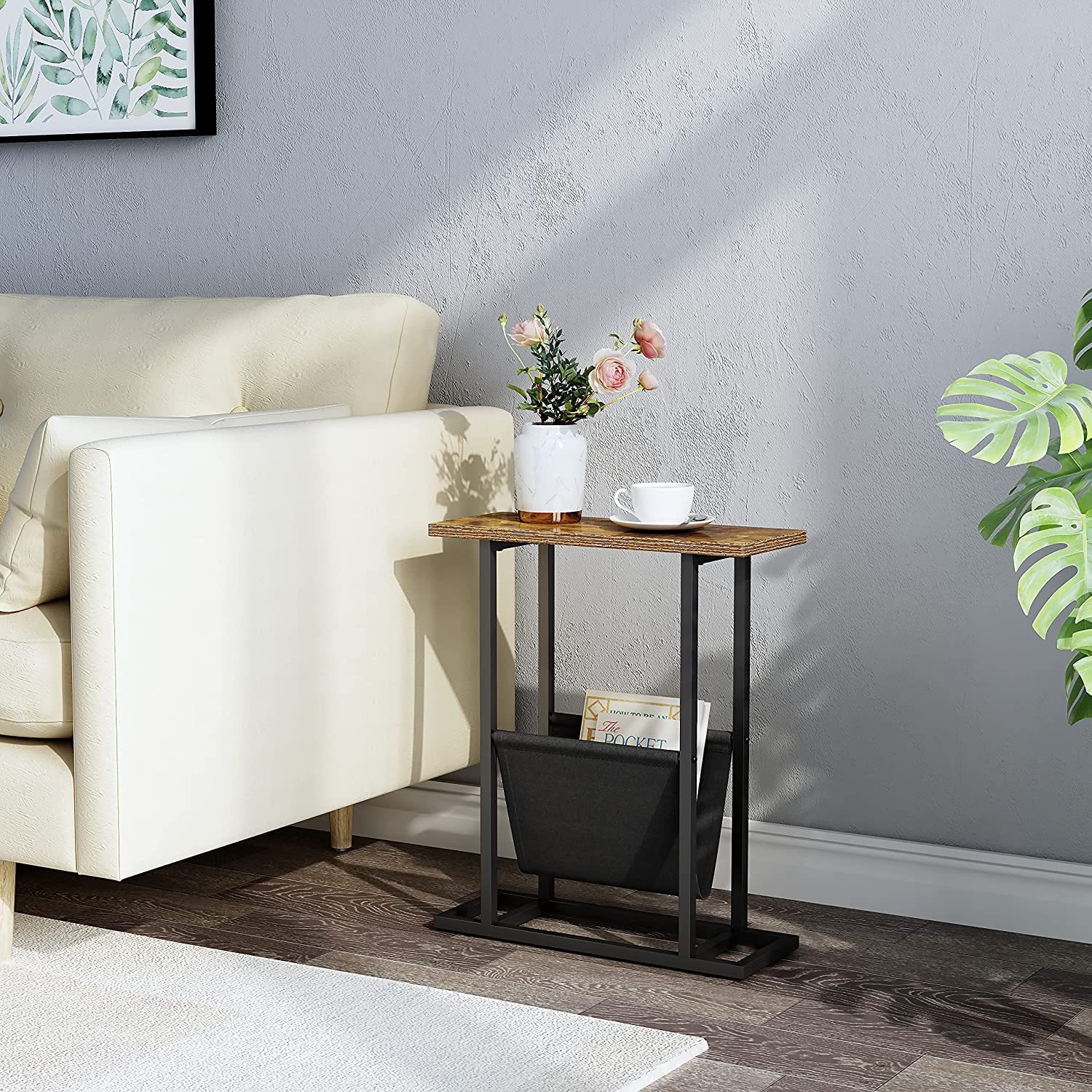 Nordic Bedside Table Rectangular Sofa Side Table with Fabric Storage Bag