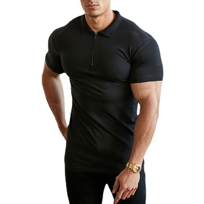 Cross-Border Quick-Dry Plain Polo Shirt with Zipper, Fitness Top, Solid Color Short-Sleeve Shirt, Muscle Bodybuilding Base Shirt, Slim Fit Cross-Border Quick-Dry Plain Polo Shirt with Zipper, Fitness Top, Solid Color Short-Sleeve Shirt, Muscle Bodybuilding Base Shirt, Slim Fit