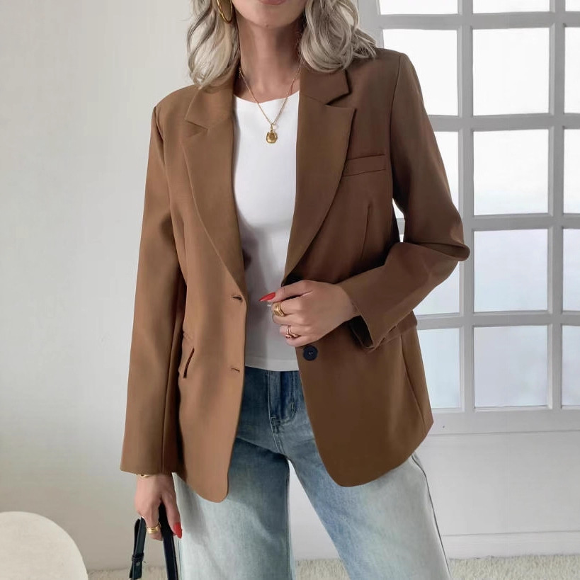 欧美女装亚马逊跨境冬季新品时尚百搭纯色休闲小西装女士修身外套