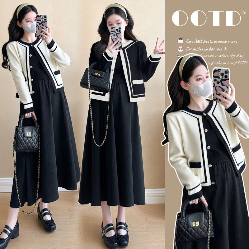 French Style Maternity Dress Autumn and Winter Suit New Knitted Cardigan Sweater Skirt Two-Piece Set