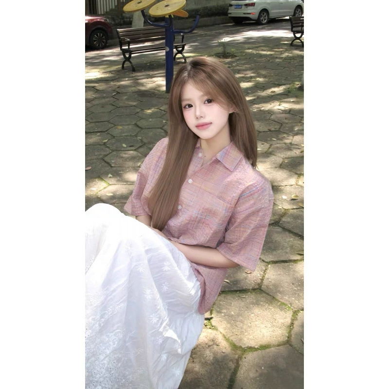 Летняя женская рубашка с короткими рукавами в клетку с лацканами Dopamine Design, универсальная, свободная, утягивающая, повседневный топ, модный