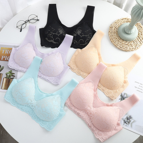 One-piece ice silk seamless no rims contrasting color push-up large size lace vest style sports bra for women