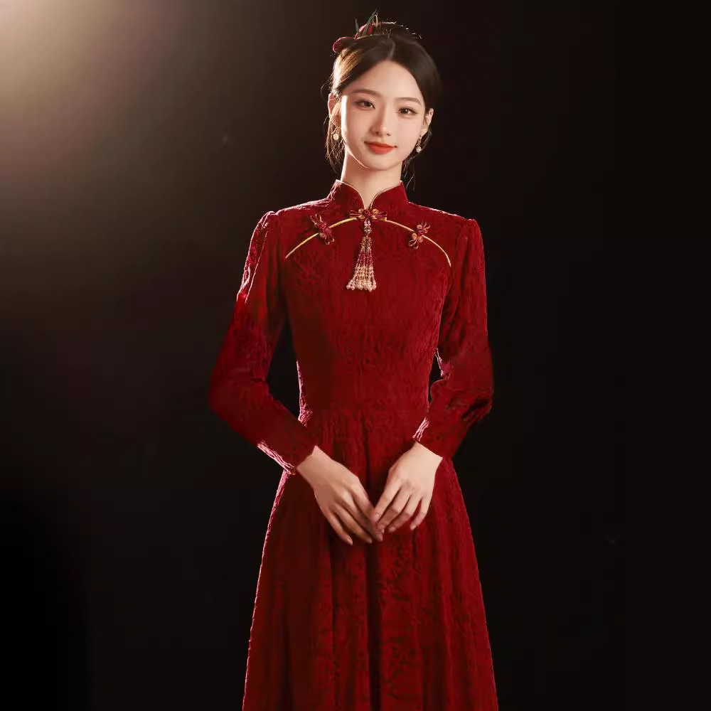 Chinese Cheongsam Toast Dress Bride Wine Red Wedding Dress Usually Wear Small Engagement Dress Spring