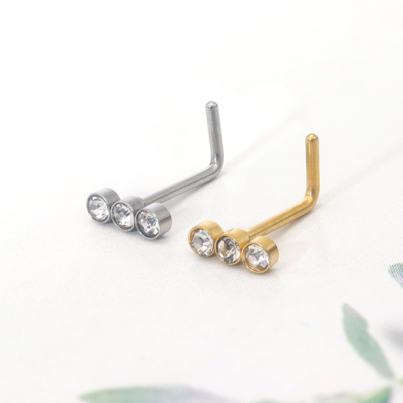 Stainless Steel Nose Stud With Three Diamonds One-word Design_voghion.com