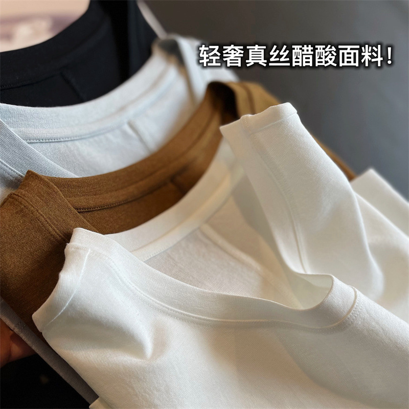 High-End Goods Silk Acetate Tencel Stereo Cut Round Neck Right Shoulder Short-Sleeved T-Shirt Women's Summer 2025 New Top