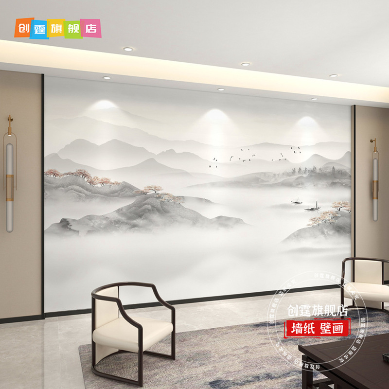 千里江山图电视背景墙壁布客厅新款中式壁纸3d立体壁画影视墙|undefined