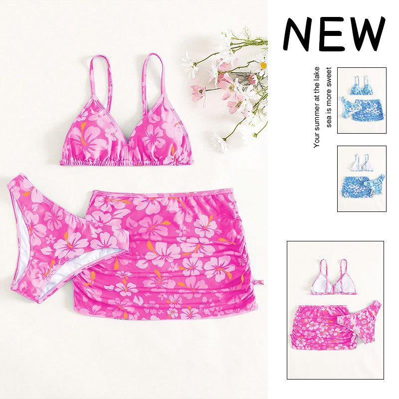 Amazon 2026 New Fashion Printed Children's Swimsuit Three-Piece Set for Older Girls, Hot Spring Two-Piece Swimsuit Wholesale